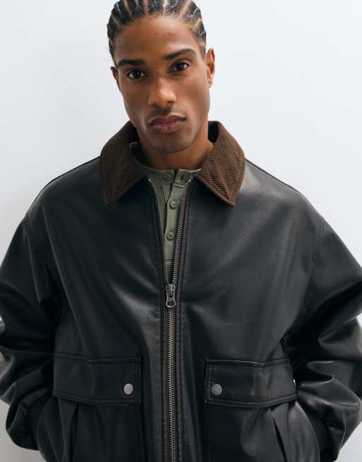 ASOS DESIGN leather look bomber jacket with contrast collar in brown, 4 of 5