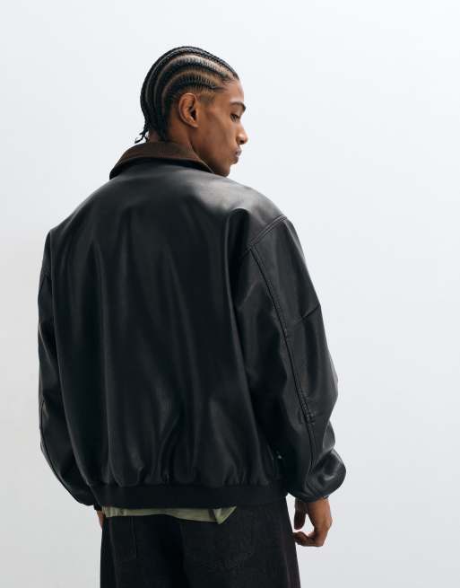 ASOS DESIGN leather look bomber jacket with contrast collar in brown, 5 of 5