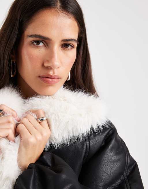 ASOS DESIGN leather look bomber jacket with cream faux fur waterfall colar in black, 2 of 4