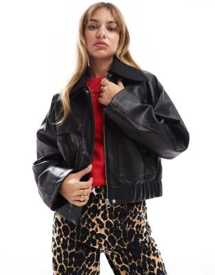 Asos Design Leather Look Bomber Jacket With Knitted Collar In Black