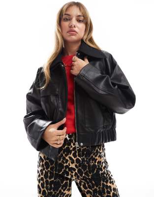 leather look bomber jacket with knitted collar in black