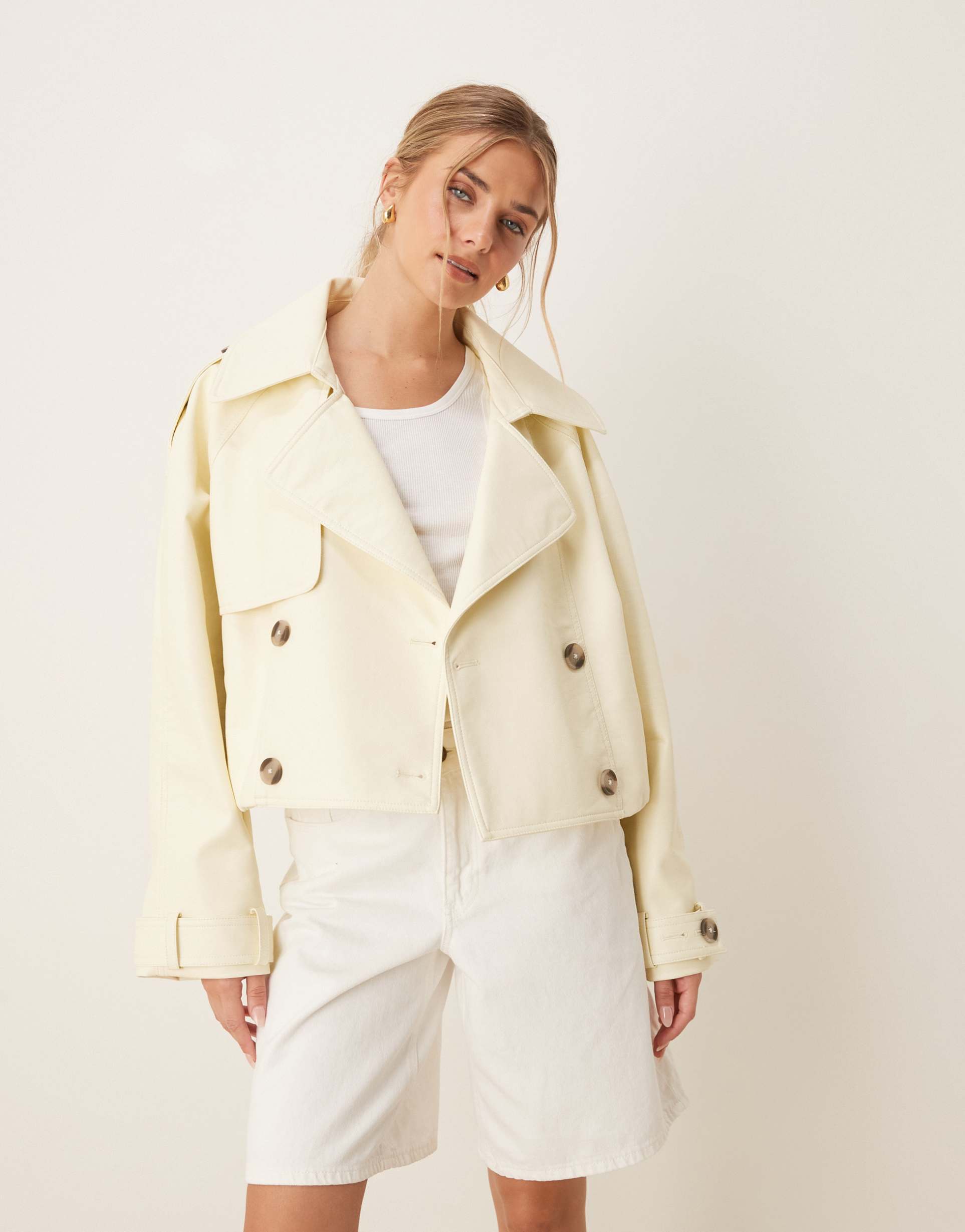 asos design leather look bomber trench coat in buttermilk