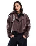 [ASOS DESIGN] ASOS DESIGN leather look bomber trench coat in chocolate-Brown L Brown