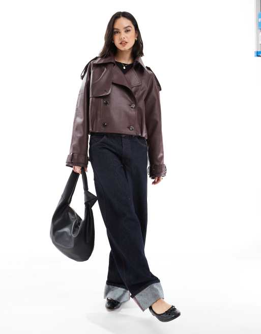 ASOS DESIGN leather look bomber trench coat in chocolate