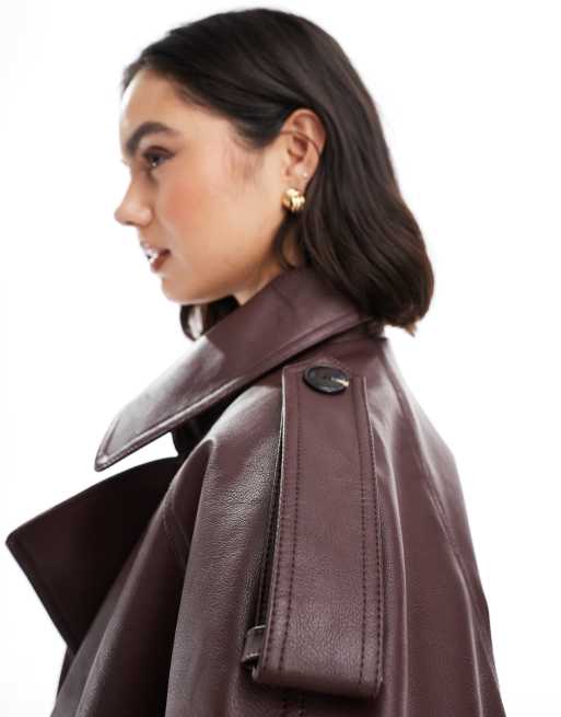 ASOS DESIGN leather look bomber trench coat in chocolate