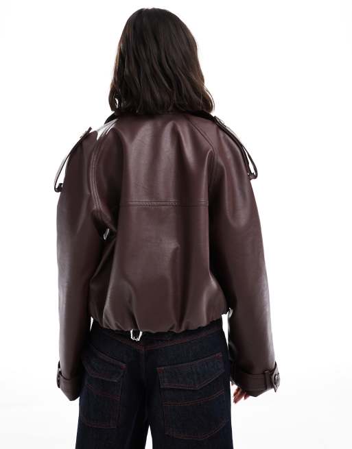 ASOS DESIGN leather look bomber trench coat in chocolate