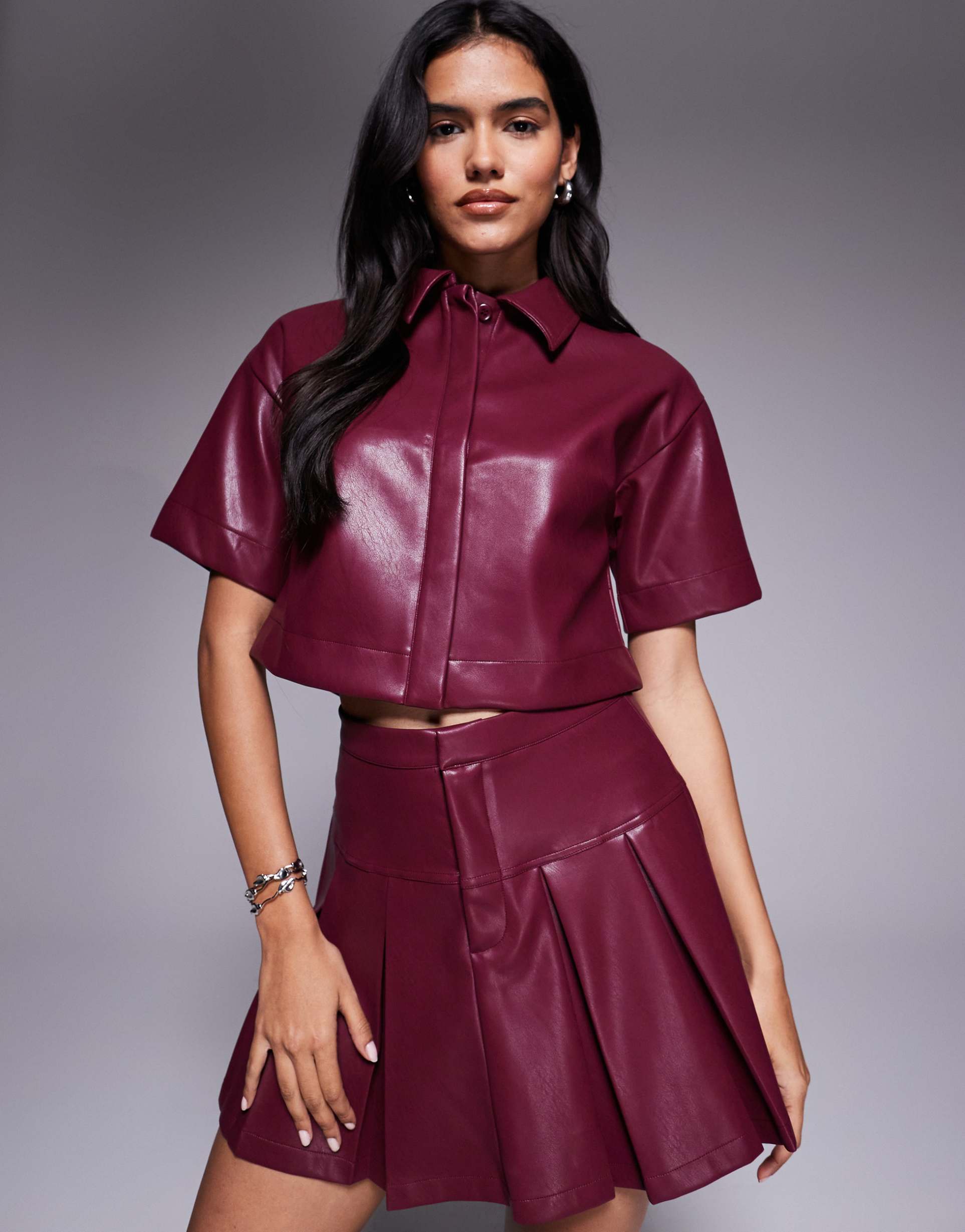 asos design leather look boxy shirt in burgundy - part of a set