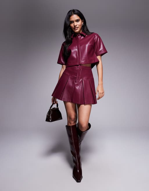 ASOS DESIGN leather look boxy shirt in burgundy - part of a set