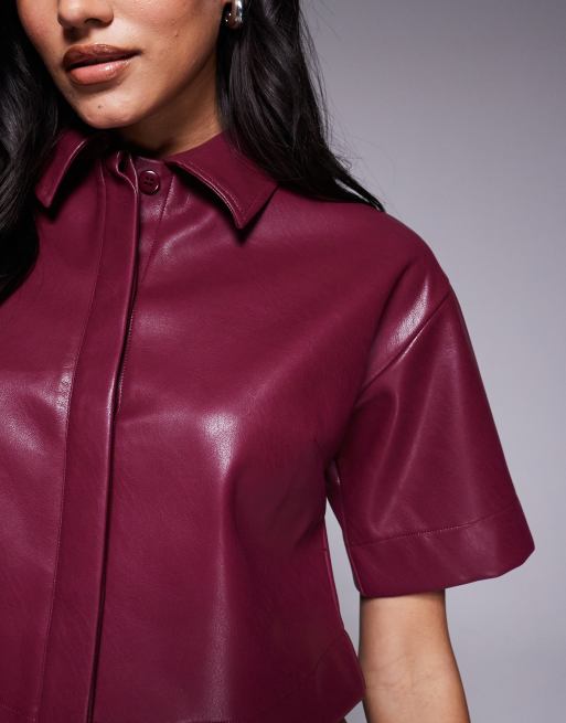 ASOS DESIGN leather look boxy shirt in burgundy - part of a set