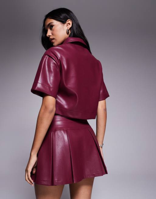 ASOS DESIGN leather look boxy shirt in burgundy - part of a set