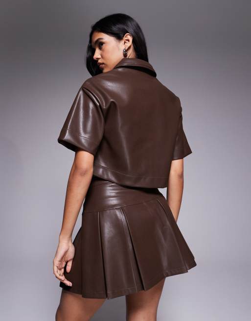 ASOS DESIGN leather look boxy shirt in chocolate - part of a set