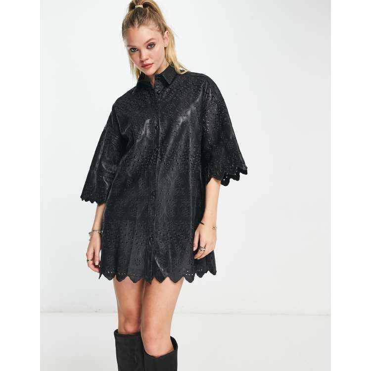 asos edition broderie shirt dress in black DESIGN leather look short sleeve Color:Peach black long fitted dress 8 Parts of a