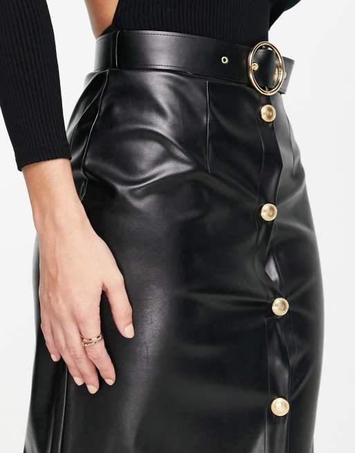 ASOS DESIGN leather look button front midi skirt in black