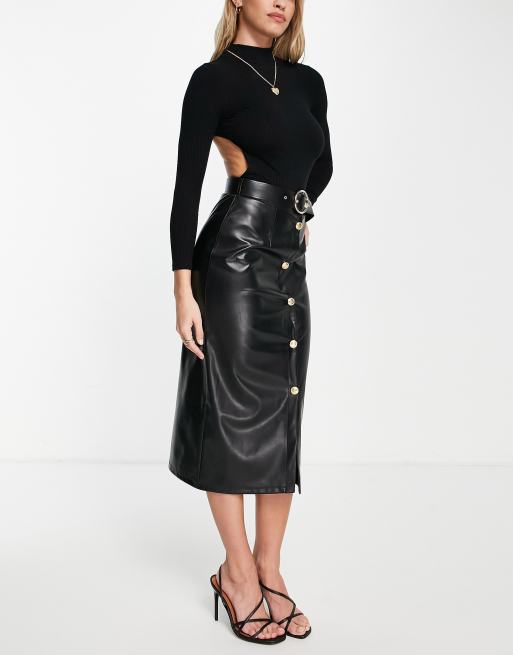 ASOS DESIGN leather look button front midi skirt in black