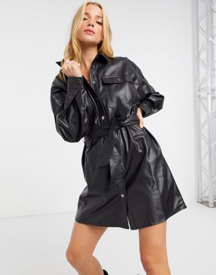 ASOS DESIGN leather-look button-through belted mini shirt dress in ...