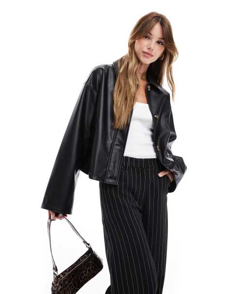 ASOS DESIGN leather look button through jacket in black - view 1
