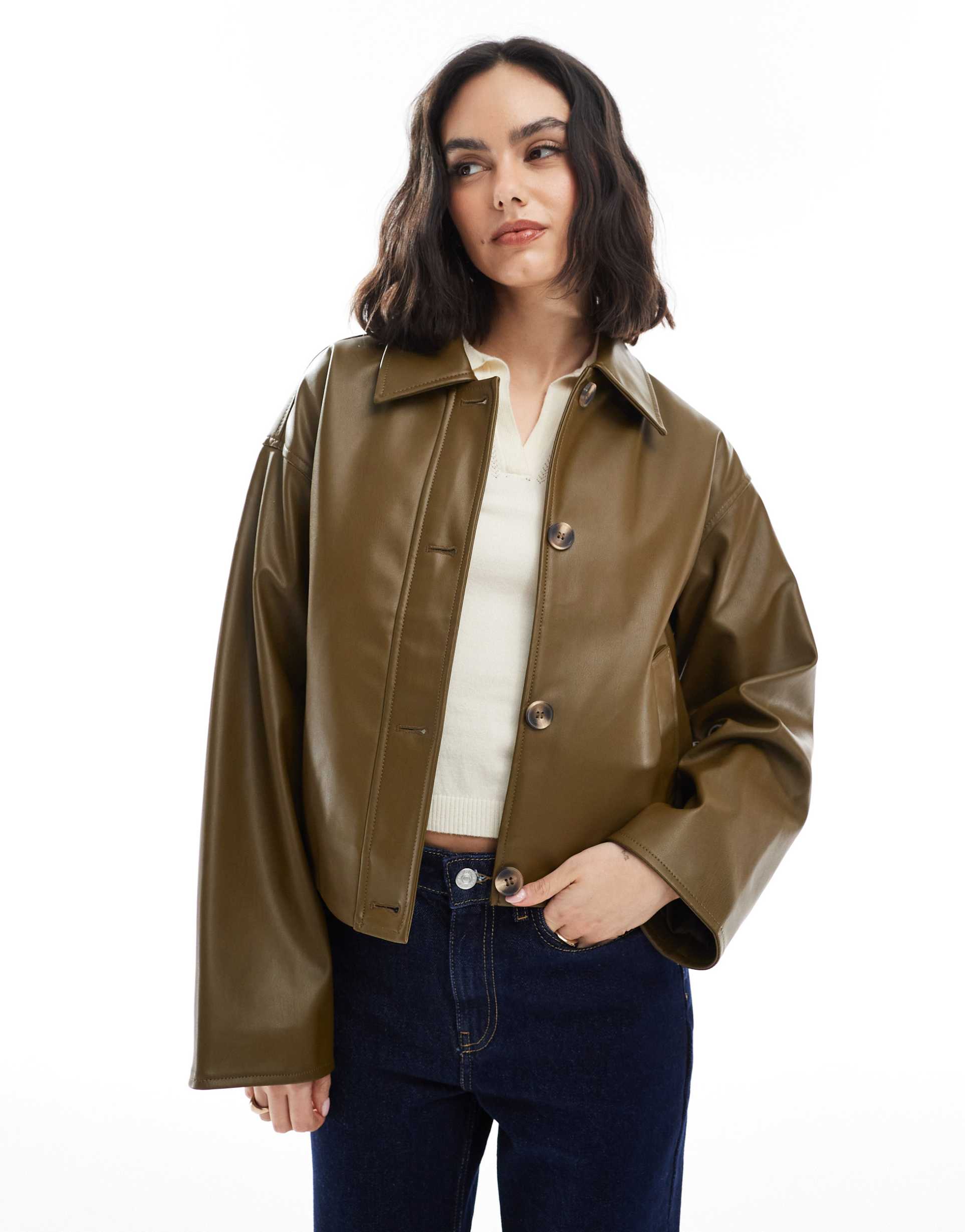 asos design leather look button through jacket in olive