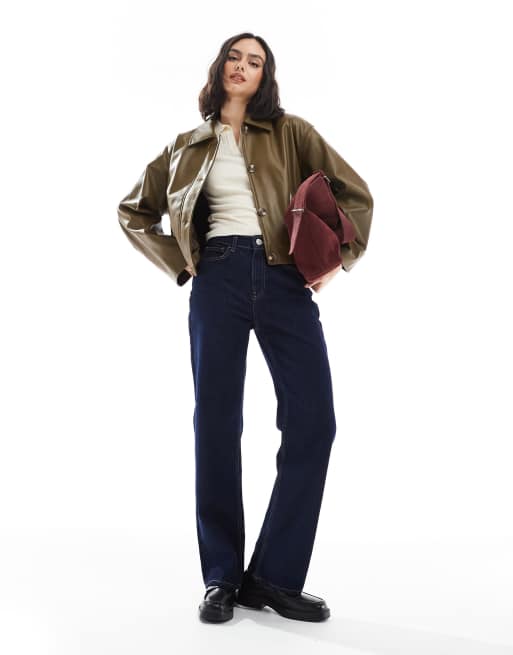 ASOS DESIGN leather look button through jacket in olive