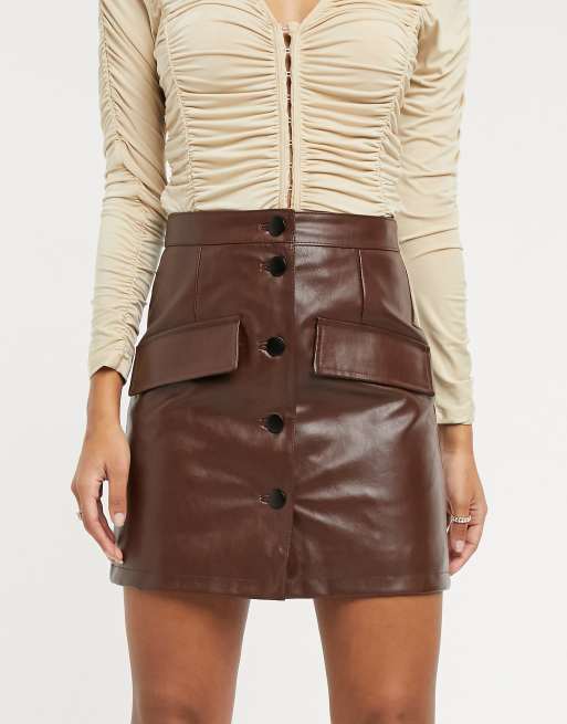 Short leather skirt with mini monogram print brown - Women