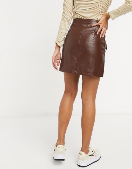 ASOS DESIGN leather look button through mini skirt in brown