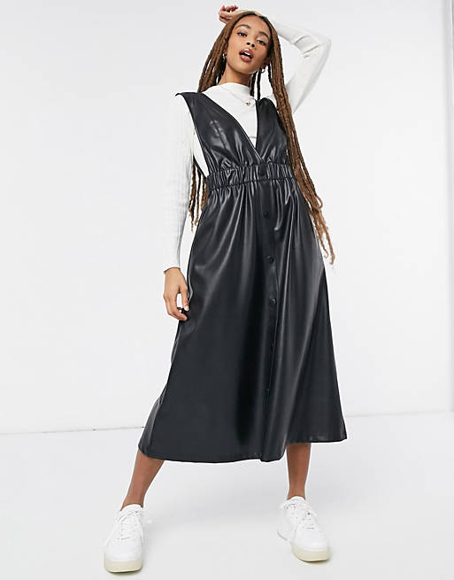  leather look button through pinny midi dress in black 