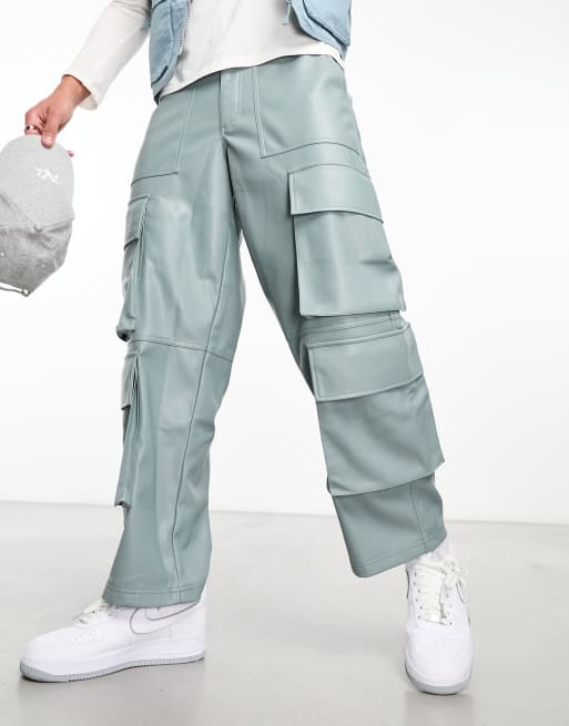 ASOS DESIGN parachute cargo pants in black leather look