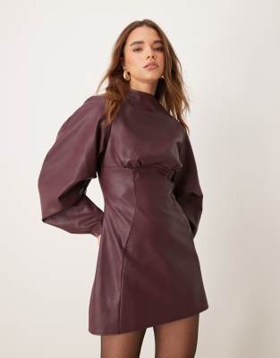 leather look cocoon sleeve mini dress with underbust seam detail in burgundy-Red