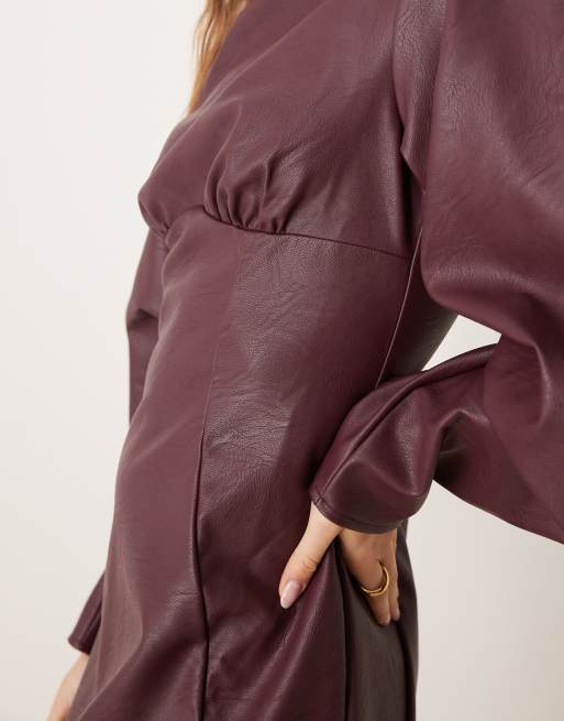 ASOS DESIGN leather look cocoon sleeve mini dress with underbust seam  detail in burgundy | ASOS