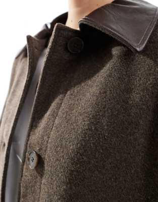 Asos Design Leather Look Collar Formal Jacket With Quilt Lining In Brown