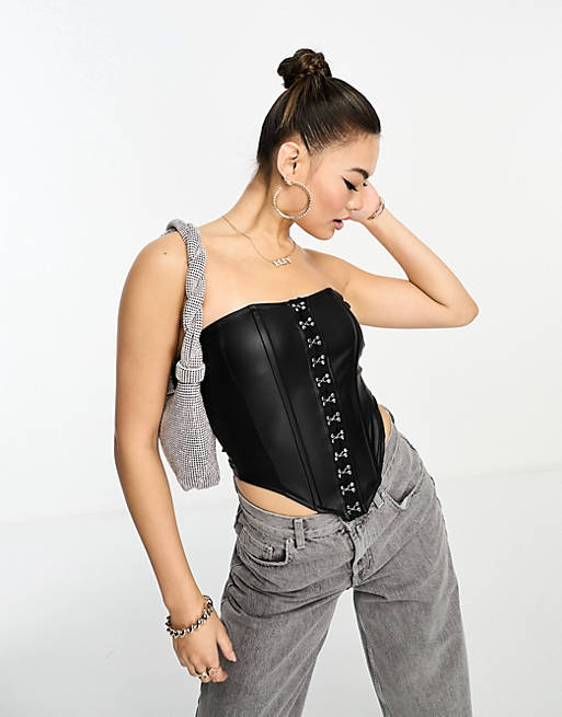 ASOS DESIGN leather look corset bustier with hook and eye detail in black
