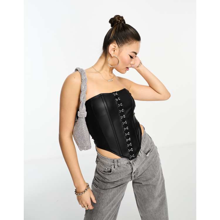 ASOS DESIGN bandage corset top with hook and eye fastening in black