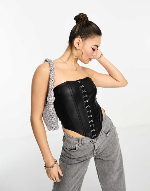 ASOS Design Leather Look Corset Bustier with Hook and Eye Detail in Black