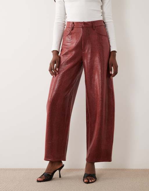 ASOS DESIGN leather look croc effect barrel pants in red, 4 of 5