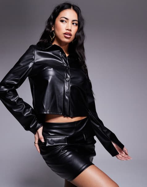 ASOS DESIGN leather look cropped boxy fit long sleeve shirt in black - part of a set - view 1