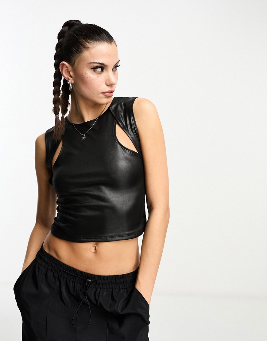 ASOS DESIGN leather look cut out racer tank top in black