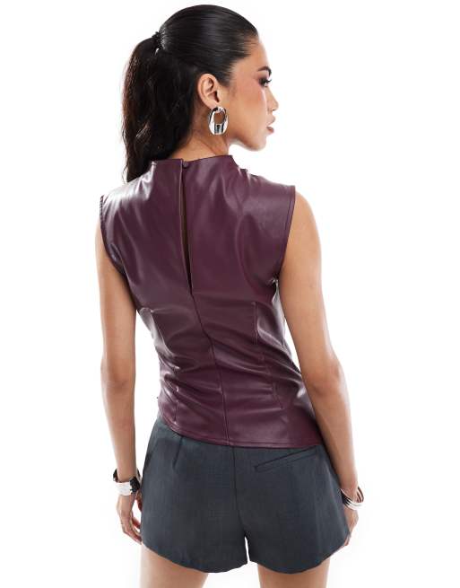 ASOS DESIGN leather look drape high neck asymmetric smart top in burgundy, 4 of 4