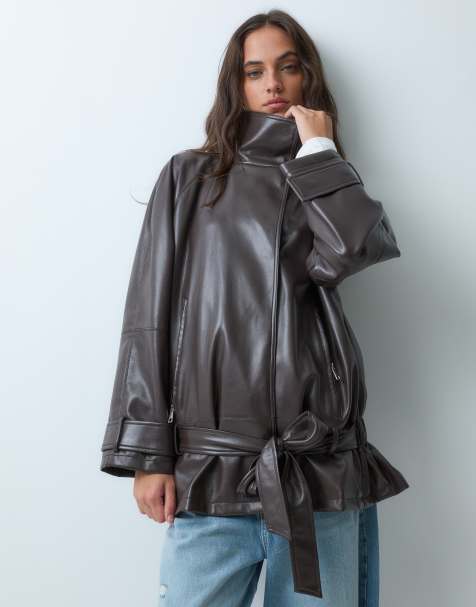 ASOS DESIGN leather look drop belt jacket in bitter chocolate - view 1