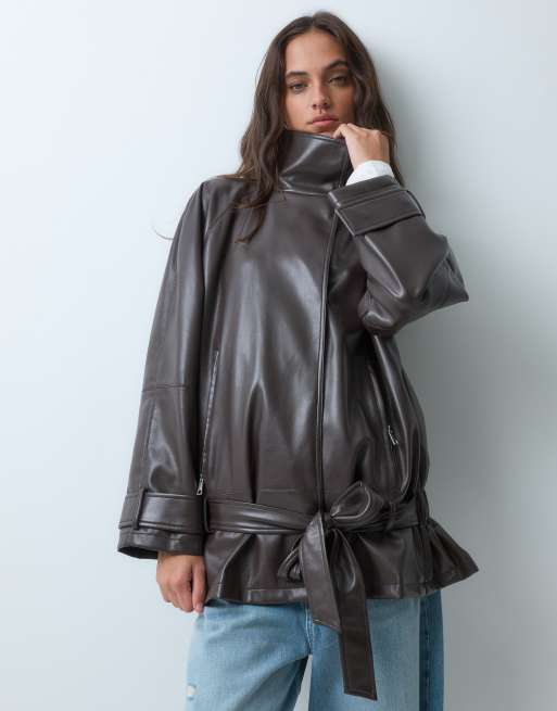ASOS DESIGN leather look drop belt jacket in bitter chocolate | ASOS