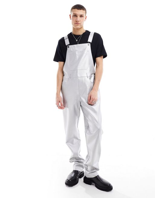 FhyzicsShops DESIGN leather look dungaree in silver