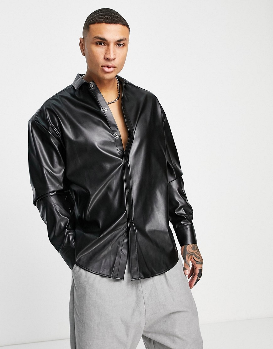 ASOS DESIGN leather look extreme oversized shirt in black