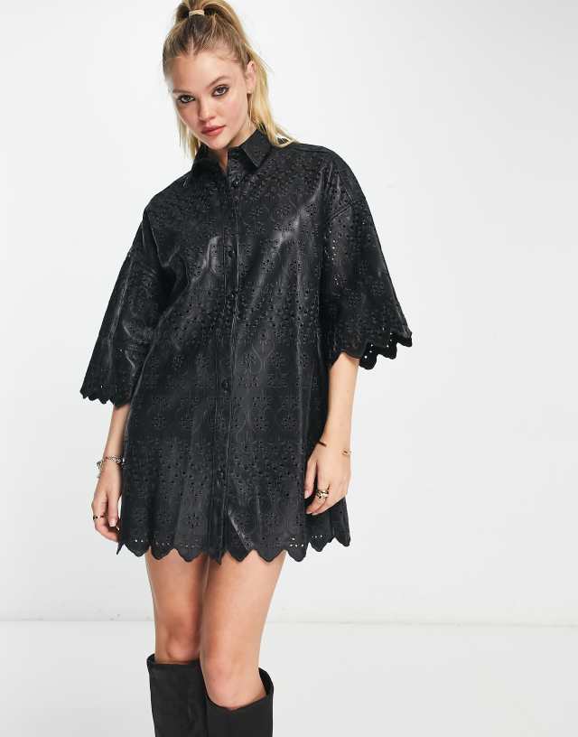 ASOS DESIGN leather look eyelet short sleeve shirt dress in black