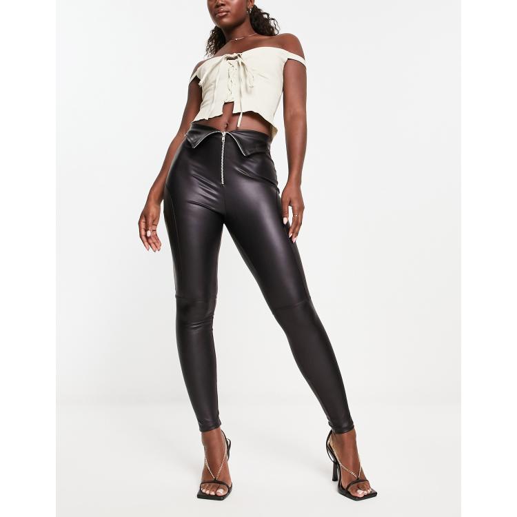 ASOS DESIGN leather look fold over moto legging in black