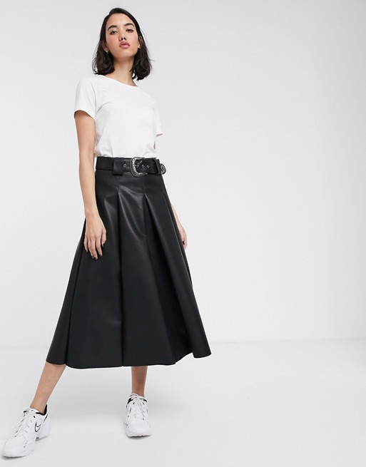 ASOS DESIGN leather look full midi skirt with western belt