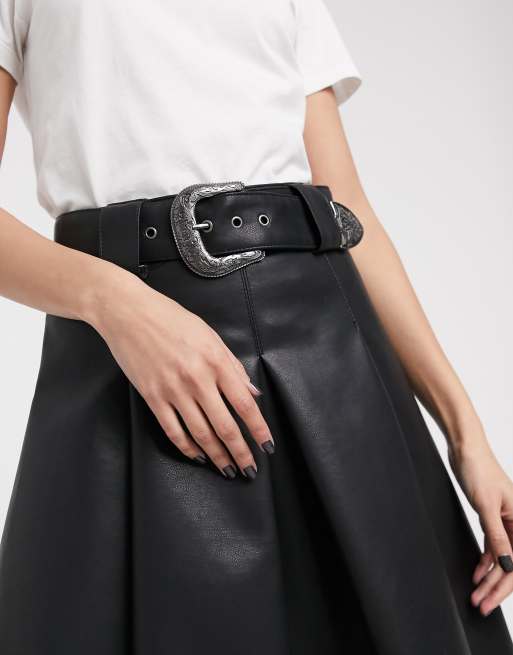 ASOS DESIGN leather look full midi skirt with western belt