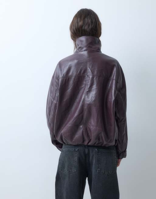 ASOS DESIGN leather look funnel neck bomber jacket in chocolate plum, 5 of 5