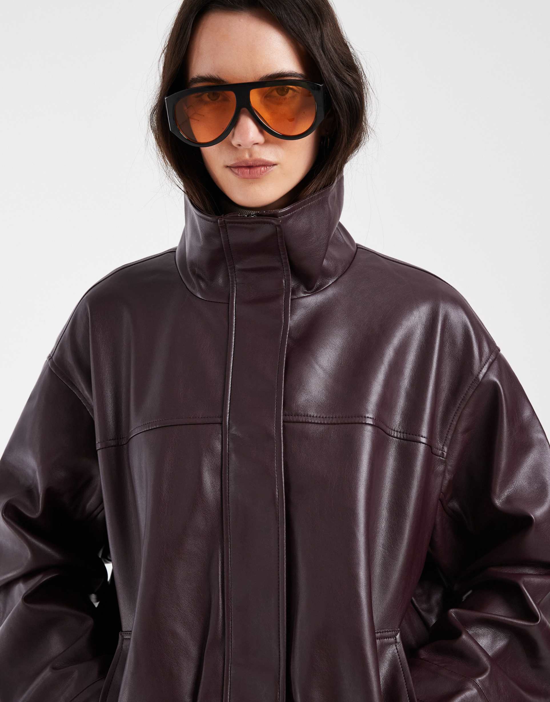 asos design leather look funnel track bomber jacket in chocolate plum
