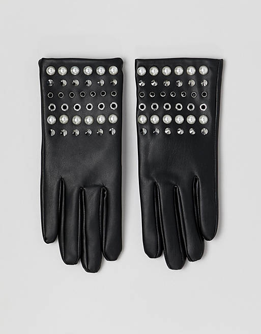 ASOS DESIGN leather look gloves with pearl and stud detail