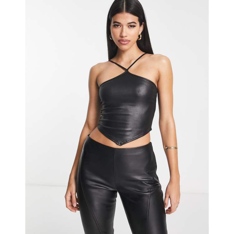 ASOS DESIGN leather look ruched shoulder high neck tank top in black