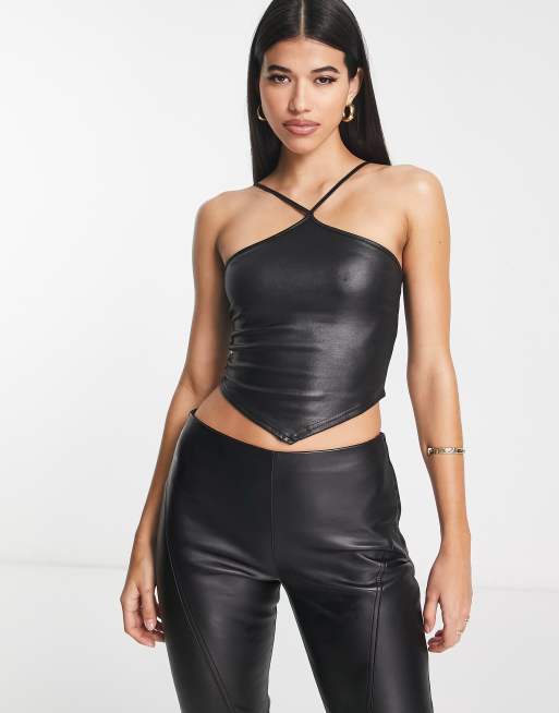 ASOS DESIGN leather look ruched shoulder high neck tank top in