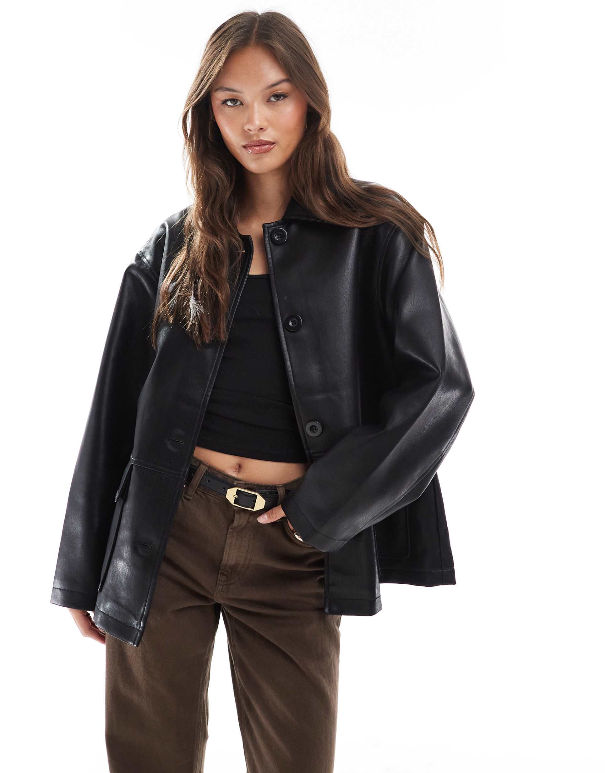 asos design leather look harrington jacket in black